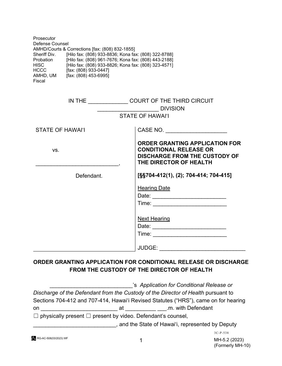 Form MH-5.2 (3C-P-538) Order Granting Application for Conditional Release or Discharge From the Custody of the Director of Health - Hawaii, Page 1