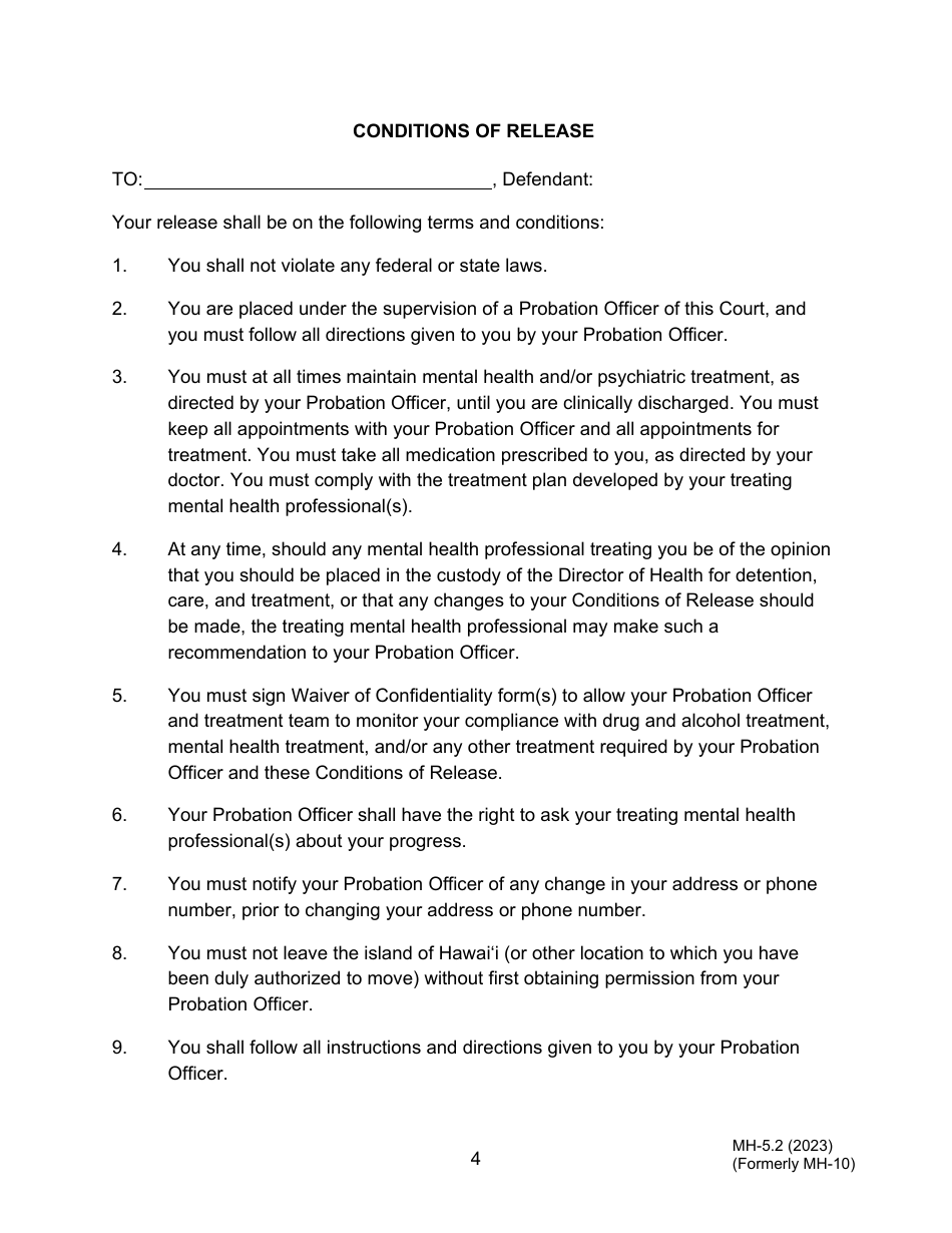 Form MH-5.2 (3C-P-538) Order Granting Application for Conditional Release or Discharge From the Custody of the Director of Health - Hawaii, Page 4