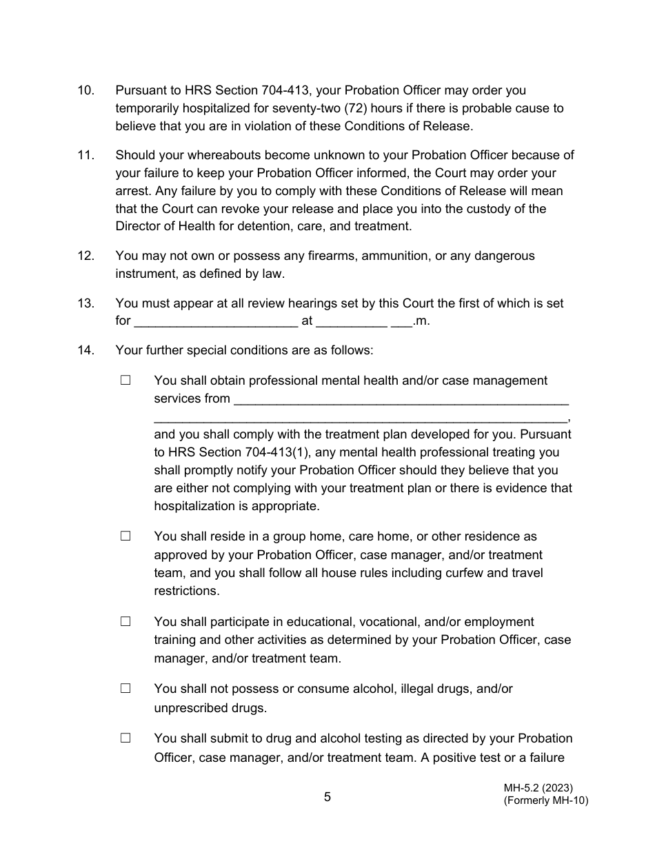Form MH-5.2 (3C-P-538) Order Granting Application for Conditional Release or Discharge From the Custody of the Director of Health - Hawaii, Page 5