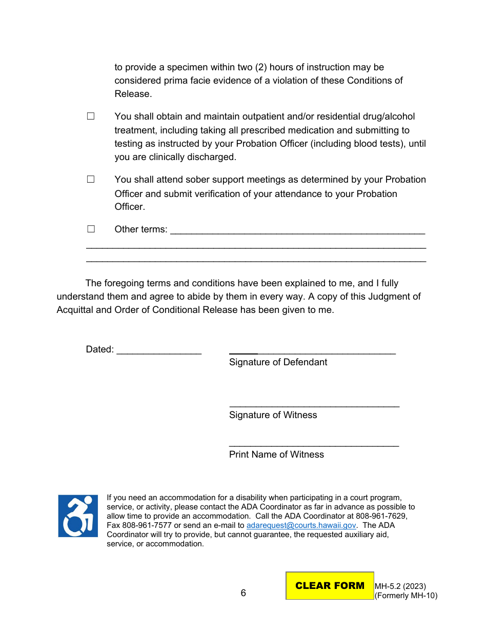 Form MH-5.2 (3C-P-538) Order Granting Application for Conditional Release or Discharge From the Custody of the Director of Health - Hawaii, Page 6