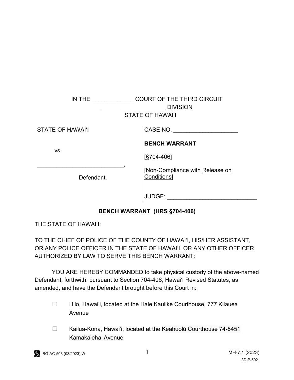 Form MH-7.1 (3D-P-502) Bench Warrant - Hawaii, Page 1