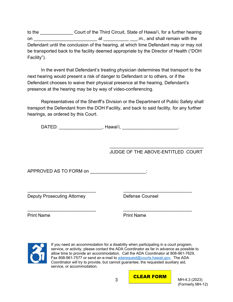 Form MH-4.3 (3C-P-529) Order on the Continued Hearing for Temporary Hospitalization of Defendant and Order for Transport - Hawaii, Page 3