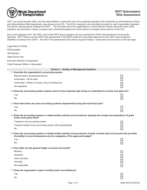 Form BoBS2835 Idot Subrecipient Risk Assessment - Illinois