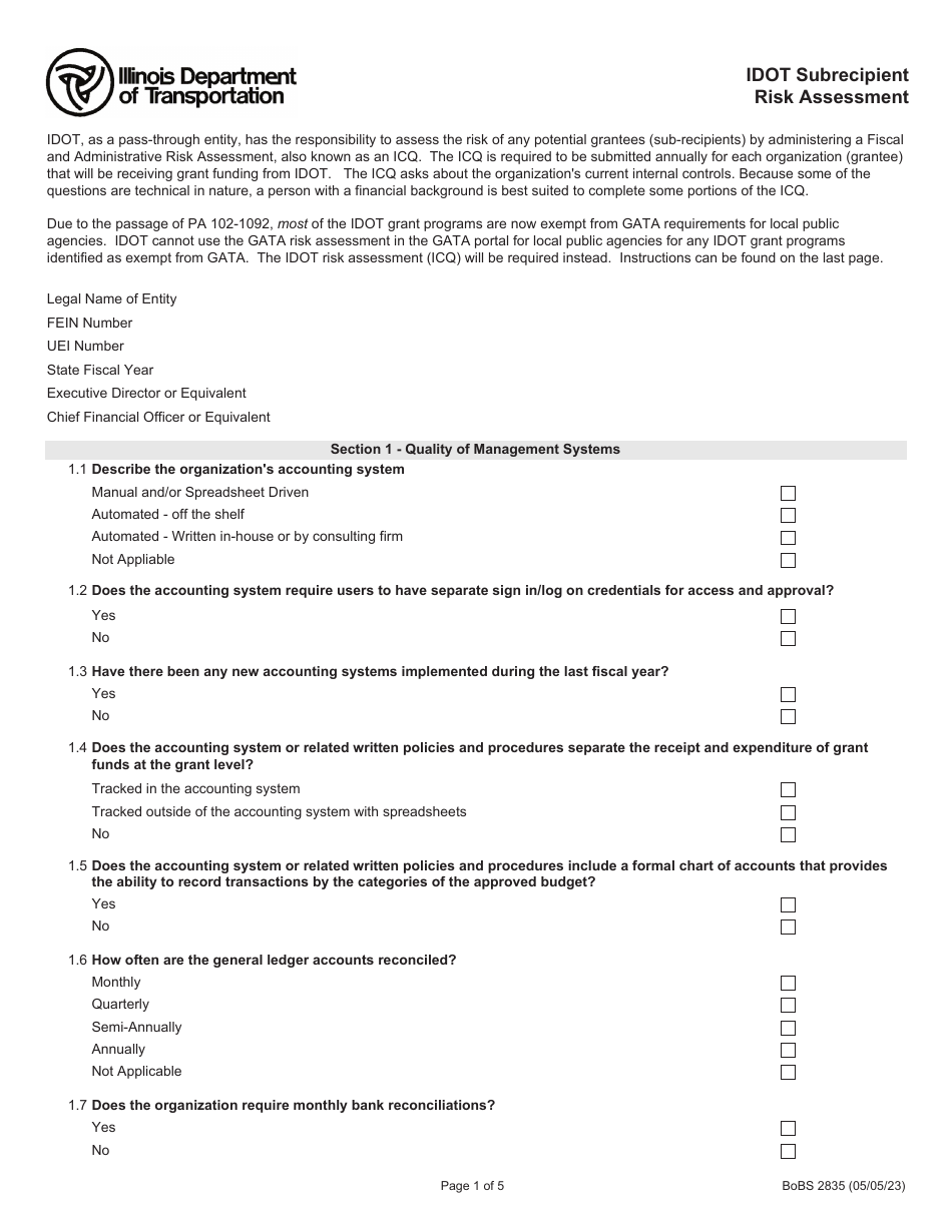 Form BoBS2835 Idot Subrecipient Risk Assessment - Illinois, Page 1