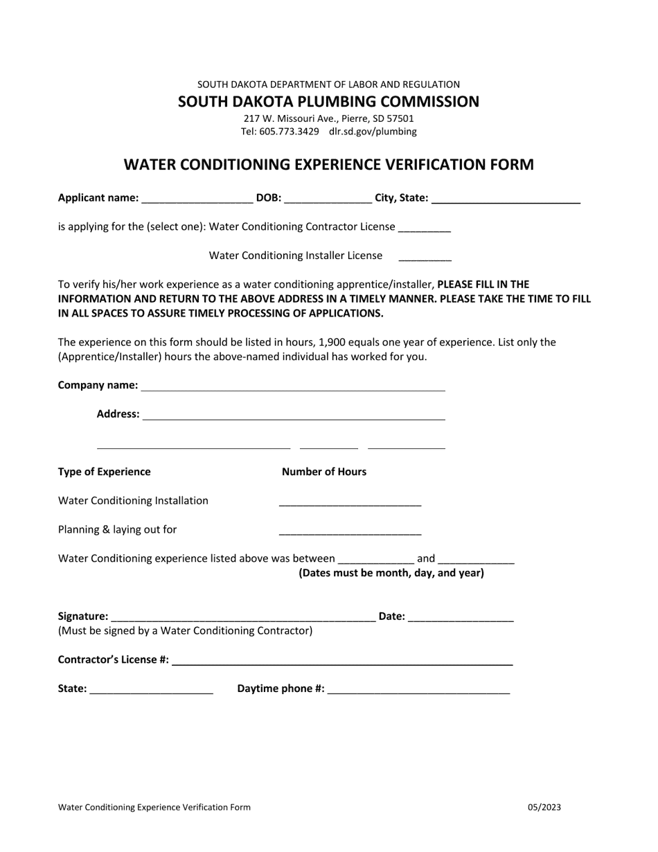 Water Conditioning Experience Verification Form - South Carolina, Page 1