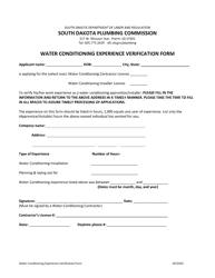 Document preview: Water Conditioning Experience Verification Form - South Carolina