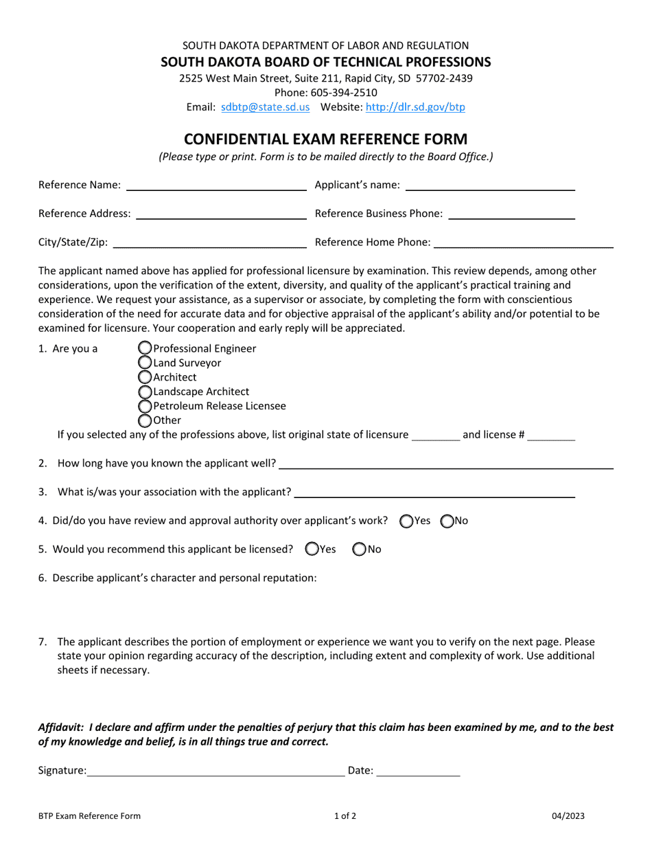 Confidential Exam Reference Form - Board of Technical Professions - South Dakota, Page 1