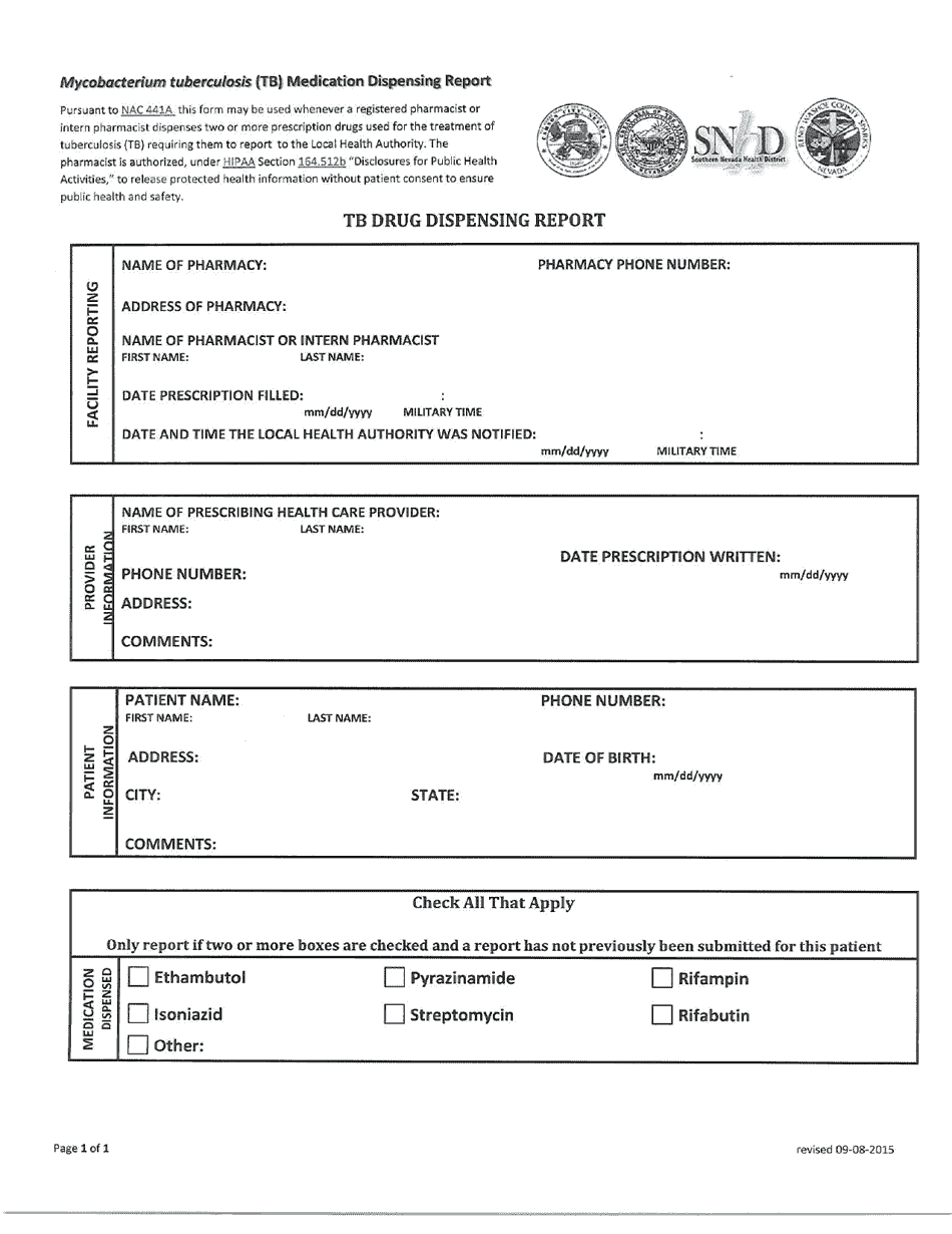 Tb Medication Dispensing Report - Nevada, Page 1
