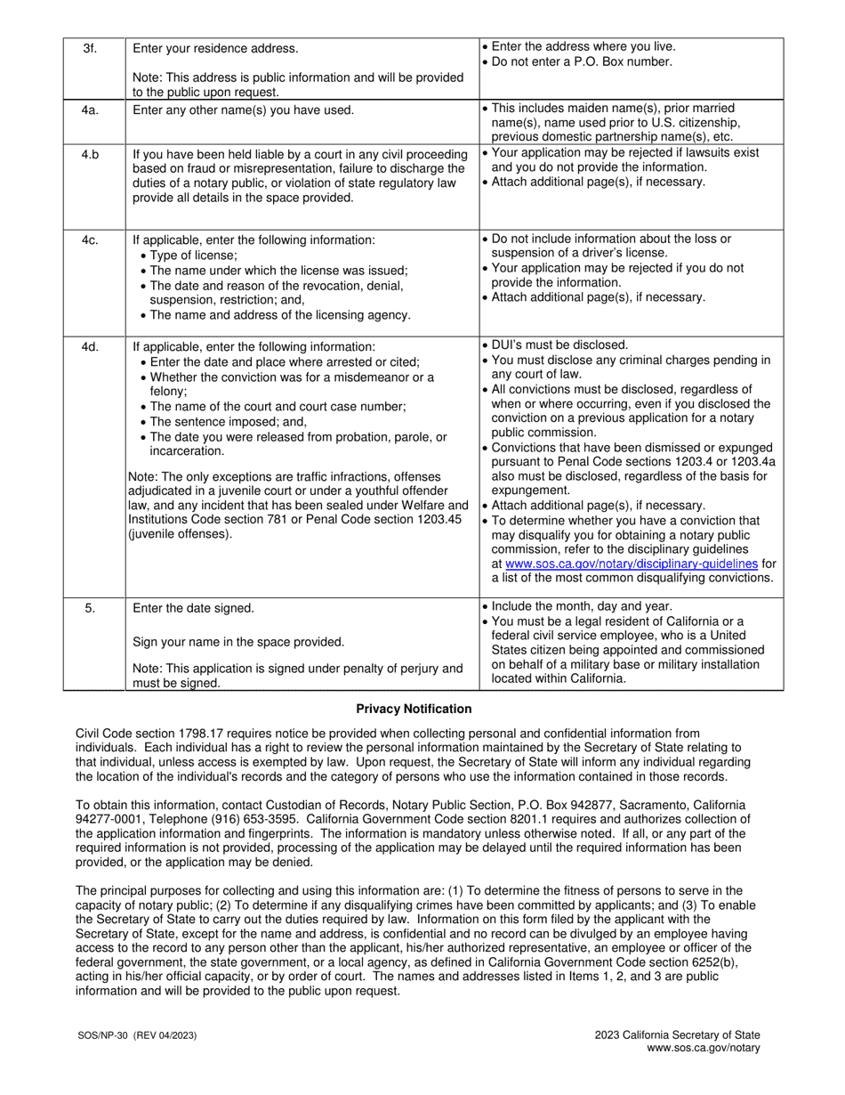 Form SOS / NP-30 Notary Public Application - California, Page 4