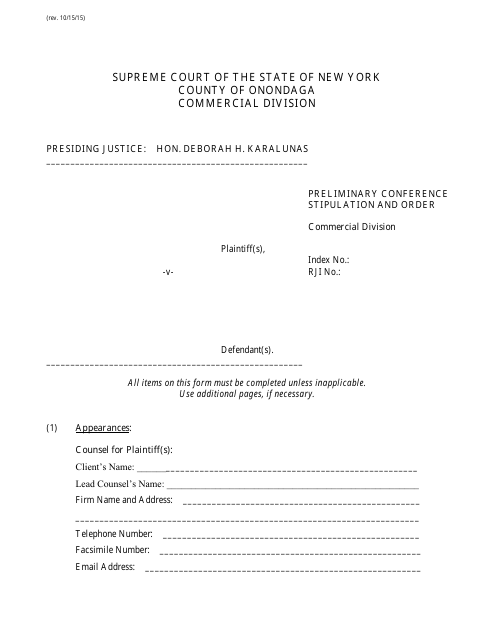 Preliminary Conference Stipulation and Order - County of Onondaga, New York Download Pdf