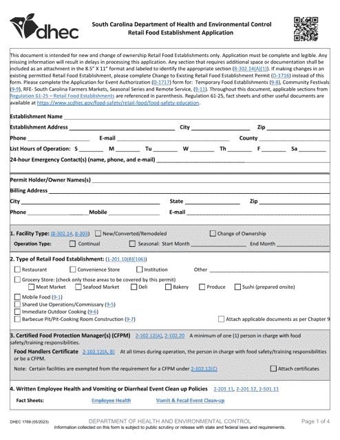 DHEC Form 1769 Retail Food Establishment Application - South Carolina