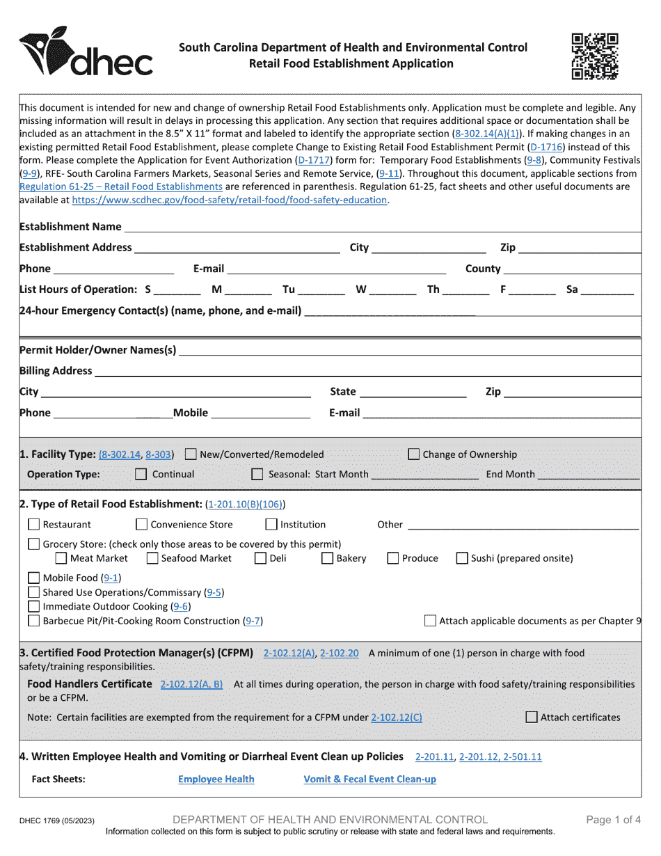 DHEC Form 1769 Retail Food Establishment Application - South Carolina, Page 1
