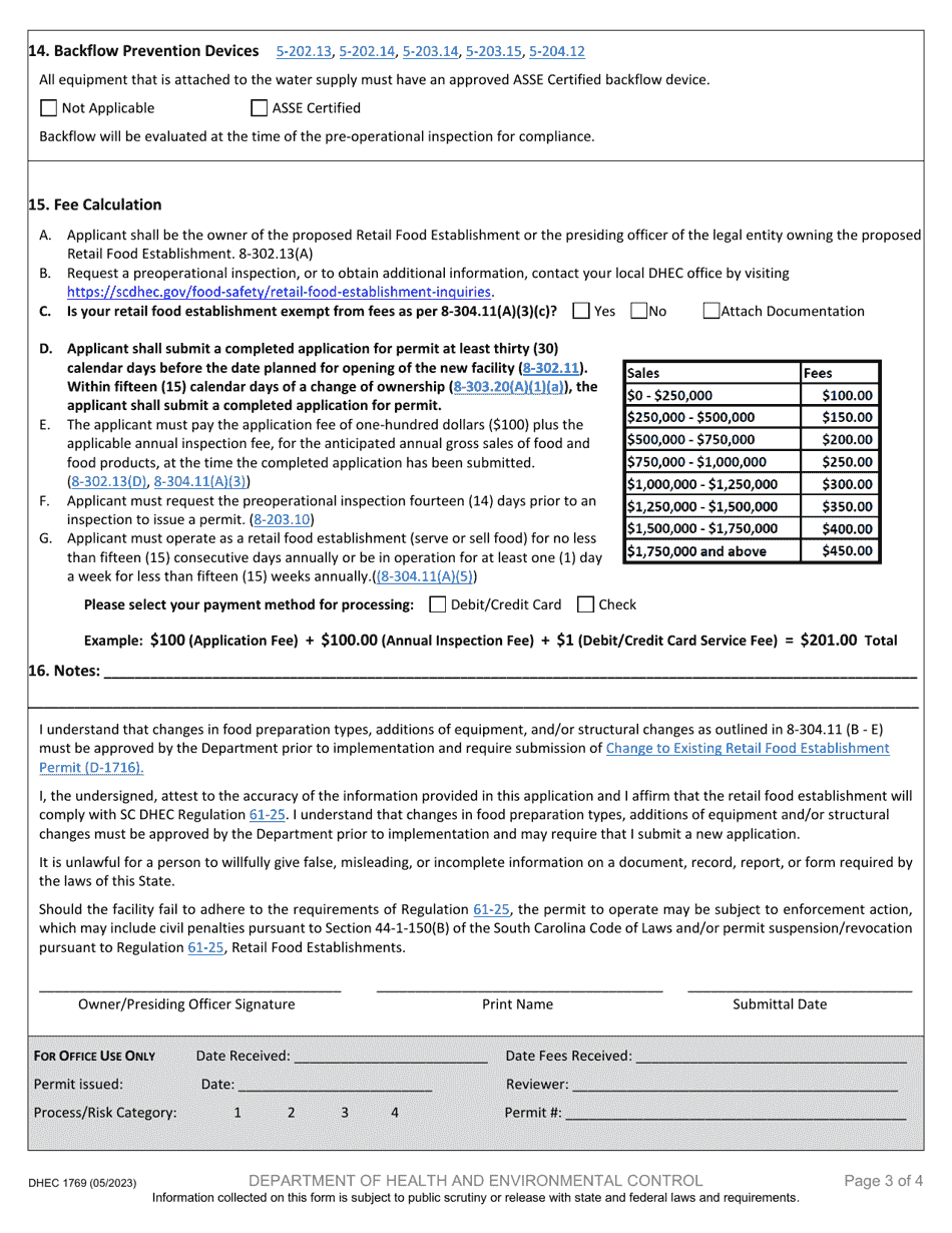 DHEC Form 1769 Download Printable PDF or Fill Online Retail Food ...