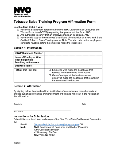 Tobacco Sales Training Program Affirmation Form - New York City