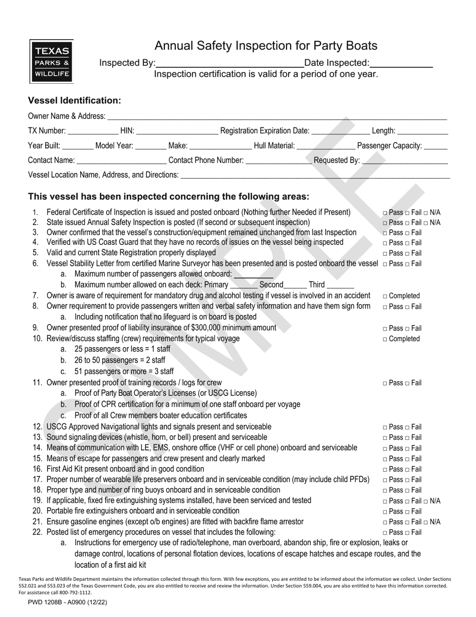 Form PWD1208B Annual Safety Inspection for Party Boats - Sample - Texas, Page 1