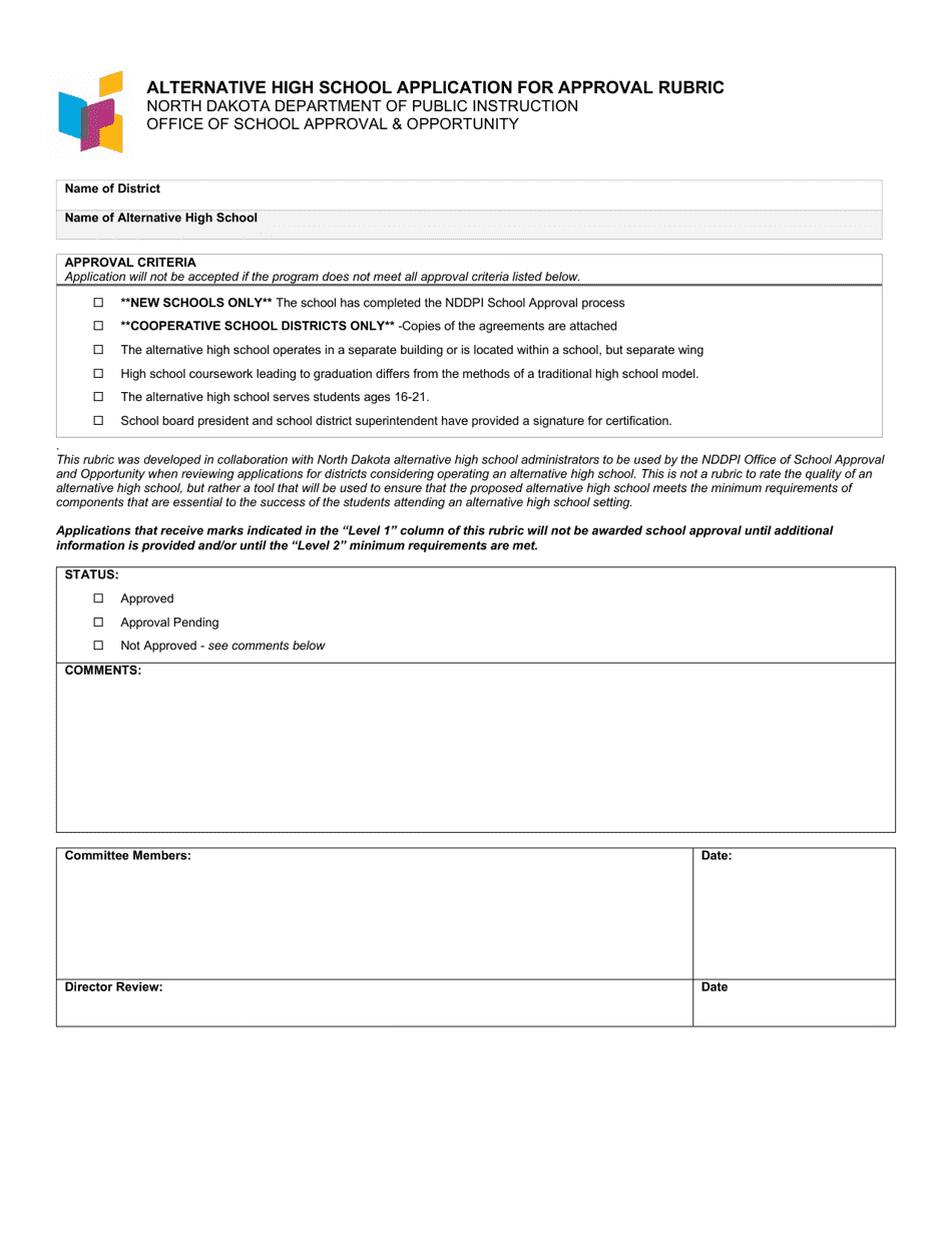 Alternative High School Application for Approval Rubric - North Dakota, Page 1