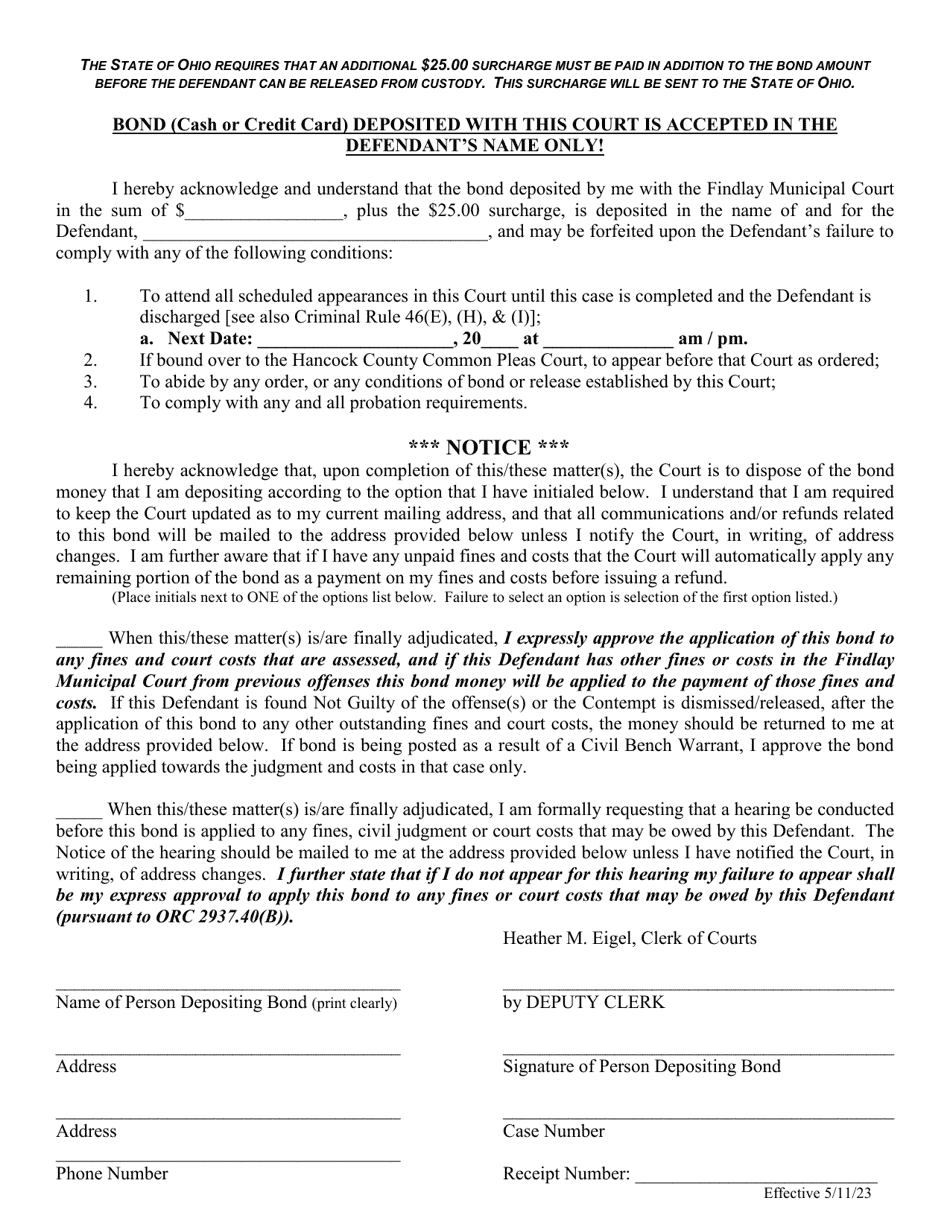 Traffic-Criminal Use of Bond Form - City of Findlay, Ohio, Page 1