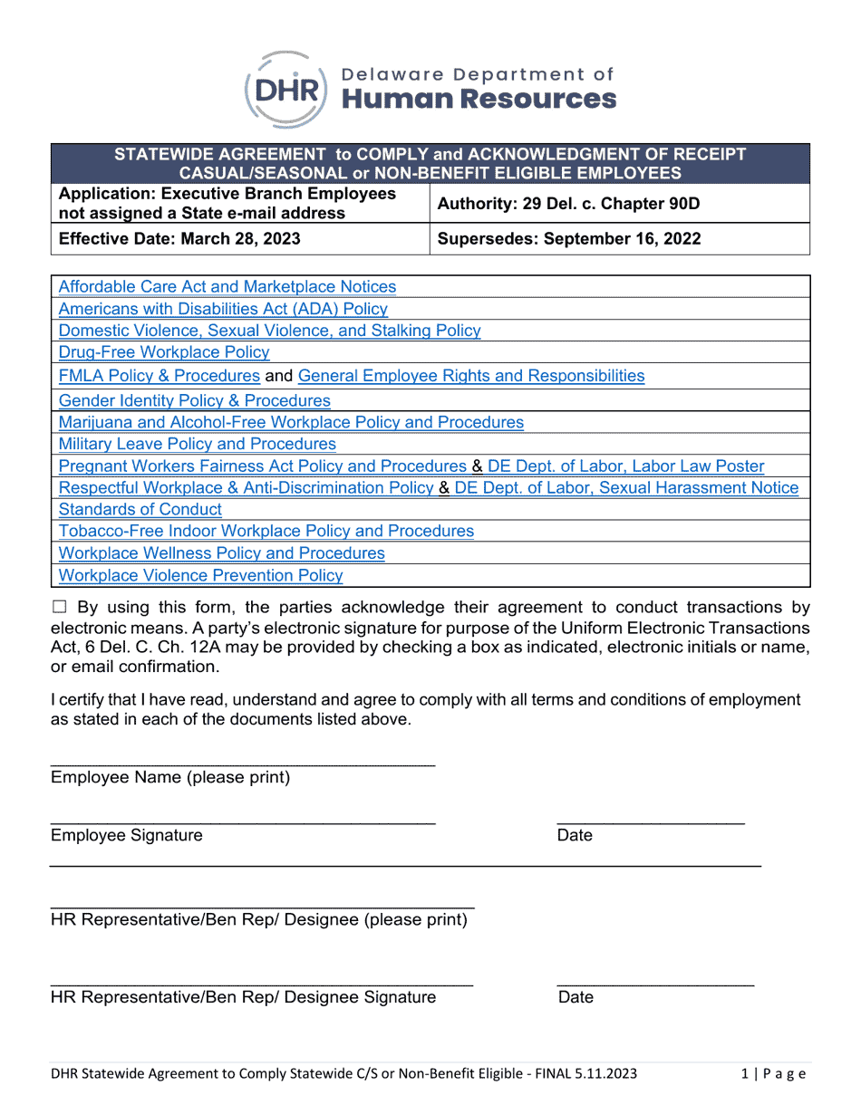 Statewide Agreement to Comply and Acknowledgment of Receipt - Casual / Seasonal or Non-benefit Eligible Employees - Delaware, Page 1