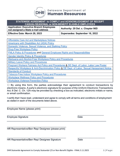 Statewide Agreement to Comply and Acknowledgment of Receipt - Casual / Seasonal or Non-benefit Eligible Employees - Delaware Download Pdf