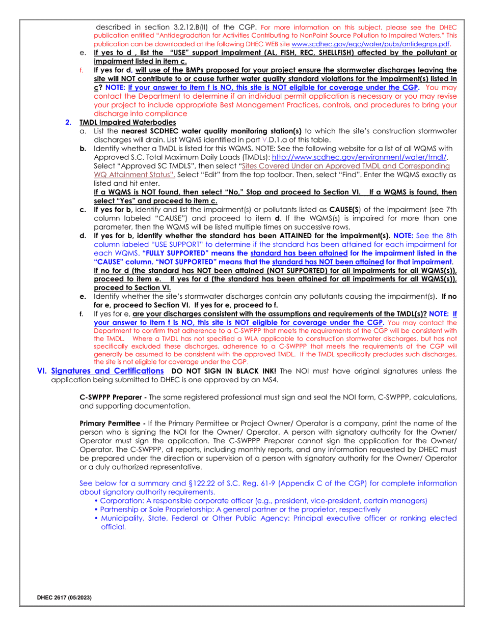DHEC Form 2617 Notice of Intent (Noi) for Coverage(S) of Primary Permittees Under South Carolina Npdes General Permit for Stormwater Discharges From Construction Activities Scr100000 - South Carolina, Page 11