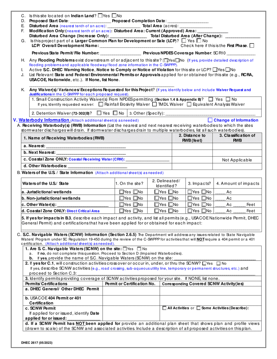 DHEC Form 2617 Notice of Intent (Noi) for Coverage(S) of Primary Permittees Under South Carolina Npdes General Permit for Stormwater Discharges From Construction Activities Scr100000 - South Carolina, Page 2