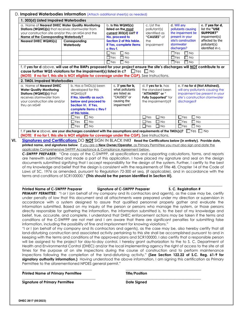 DHEC Form 2617 Notice of Intent (Noi) for Coverage(S) of Primary Permittees Under South Carolina Npdes General Permit for Stormwater Discharges From Construction Activities Scr100000 - South Carolina, Page 3