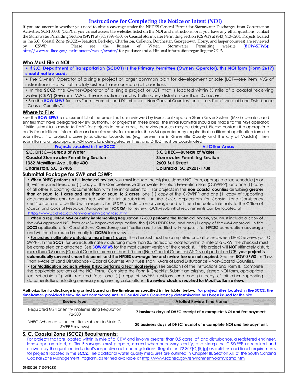DHEC Form 2617 Notice of Intent (Noi) for Coverage(S) of Primary Permittees Under South Carolina Npdes General Permit for Stormwater Discharges From Construction Activities Scr100000 - South Carolina, Page 6