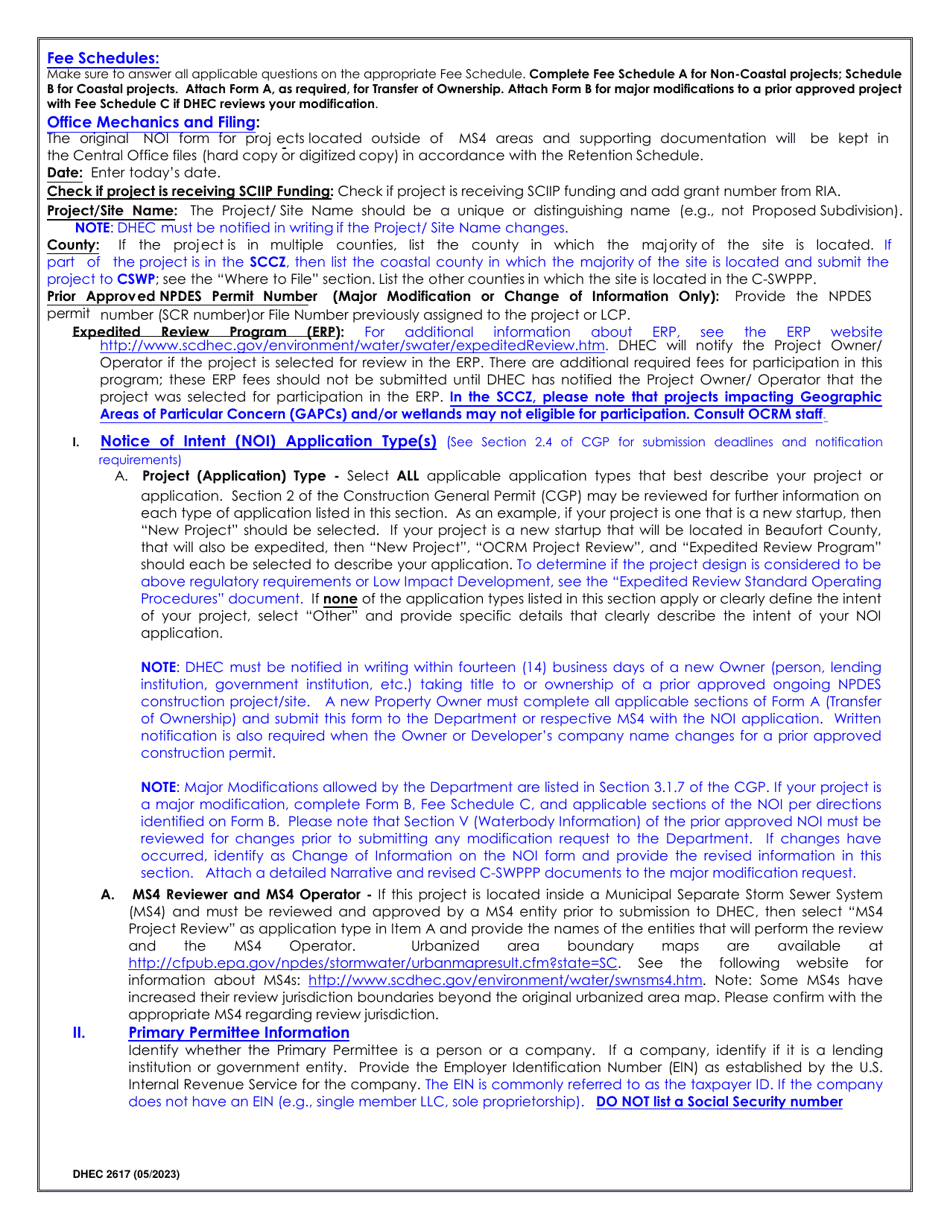 DHEC Form 2617 Notice of Intent (Noi) for Coverage(S) of Primary Permittees Under South Carolina Npdes General Permit for Stormwater Discharges From Construction Activities Scr100000 - South Carolina, Page 7