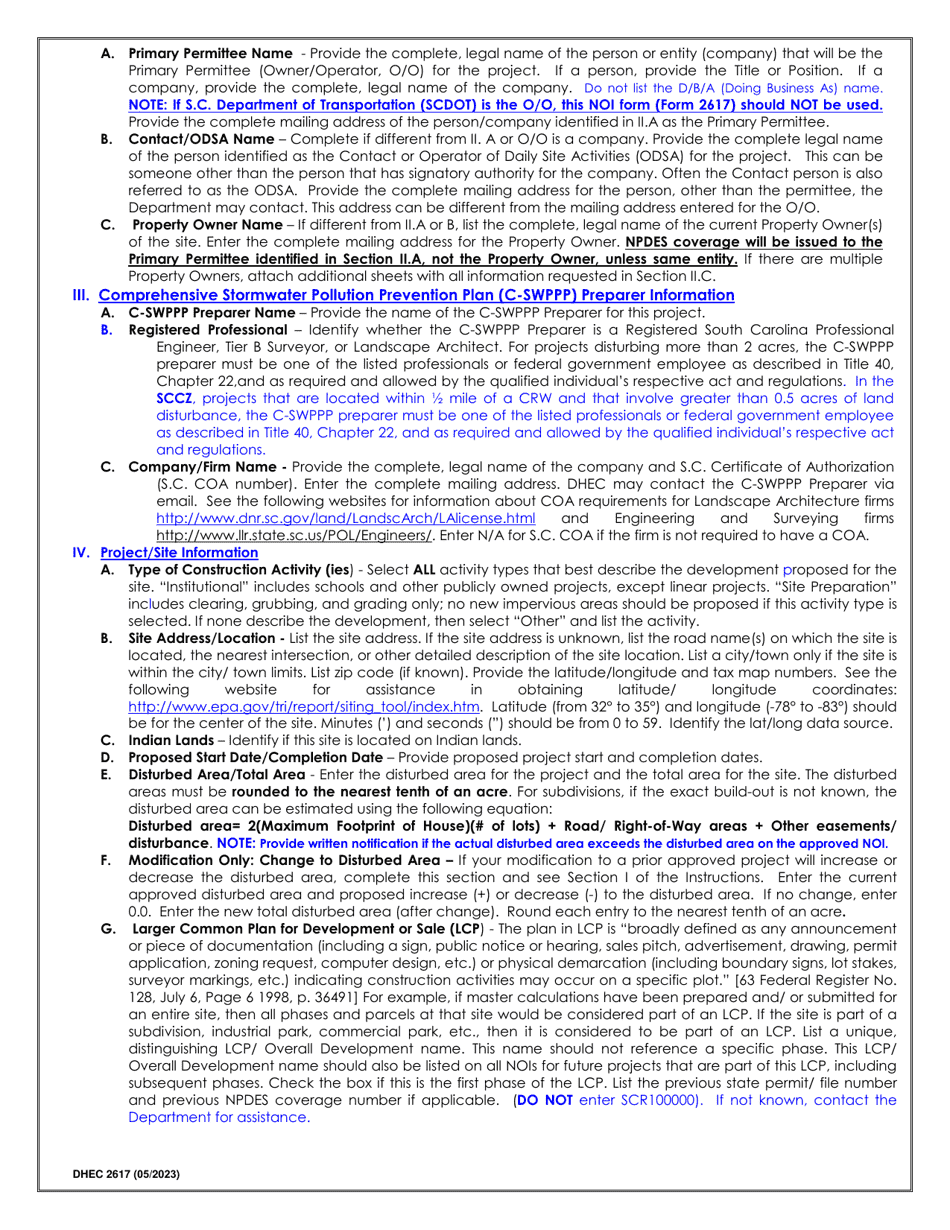 DHEC Form 2617 Notice of Intent (Noi) for Coverage(S) of Primary Permittees Under South Carolina Npdes General Permit for Stormwater Discharges From Construction Activities Scr100000 - South Carolina, Page 8