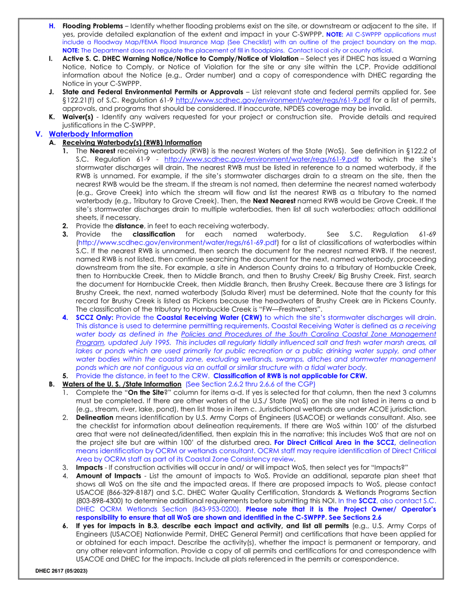 DHEC Form 2617 Notice of Intent (Noi) for Coverage(S) of Primary Permittees Under South Carolina Npdes General Permit for Stormwater Discharges From Construction Activities Scr100000 - South Carolina, Page 9