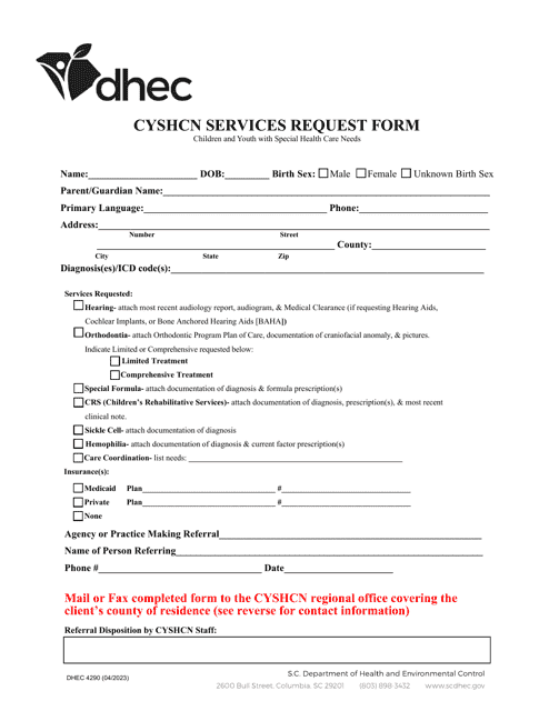 DHEC Form 4290  Printable Pdf