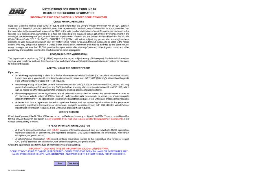 Form INF70 - Fill Out, Sign Online and Download Fillable PDF ...