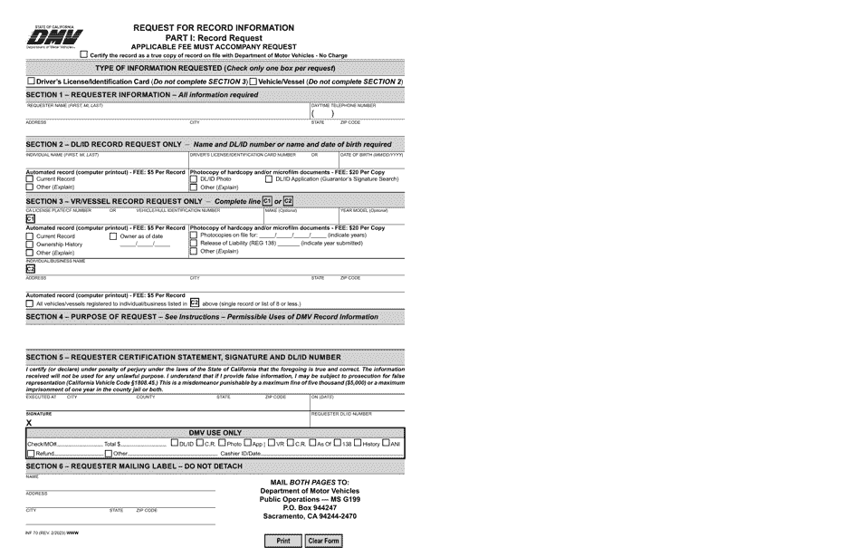 Form INF70 Request for Record Information - California, Page 4