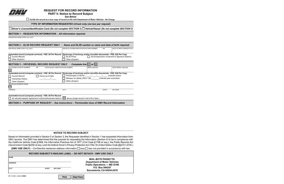 Form INF70 Request for Record Information - California, Page 5