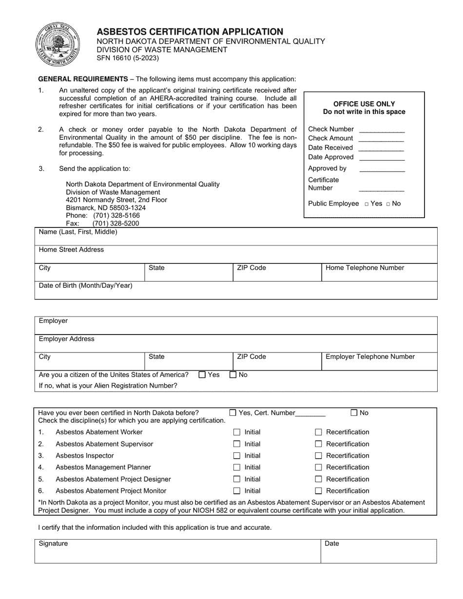 Form SFN16610 Asbestos Certification Application - North Dakota, Page 1
