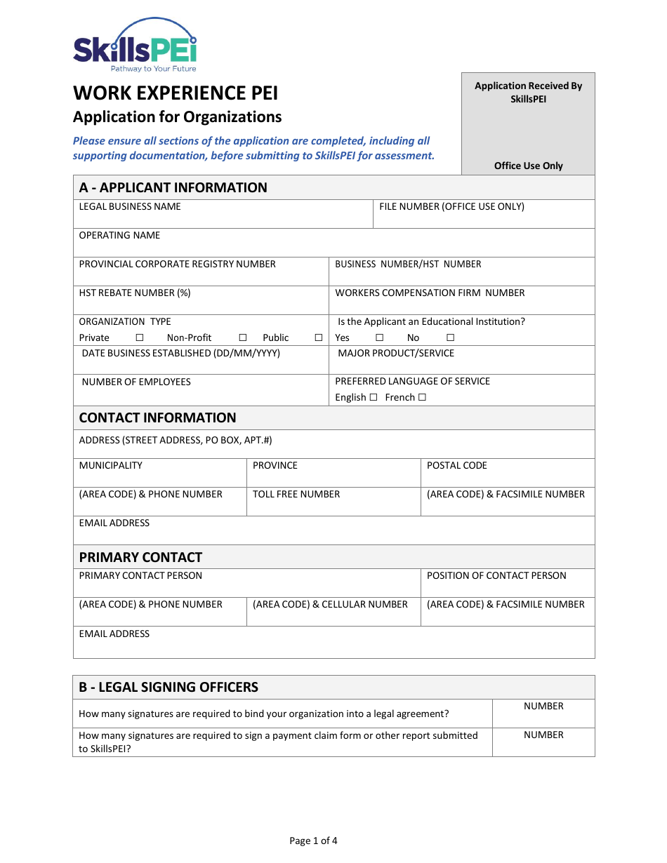 Application for Organizations - Work Experience Pei - Prince Edward Island, Canada, Page 1