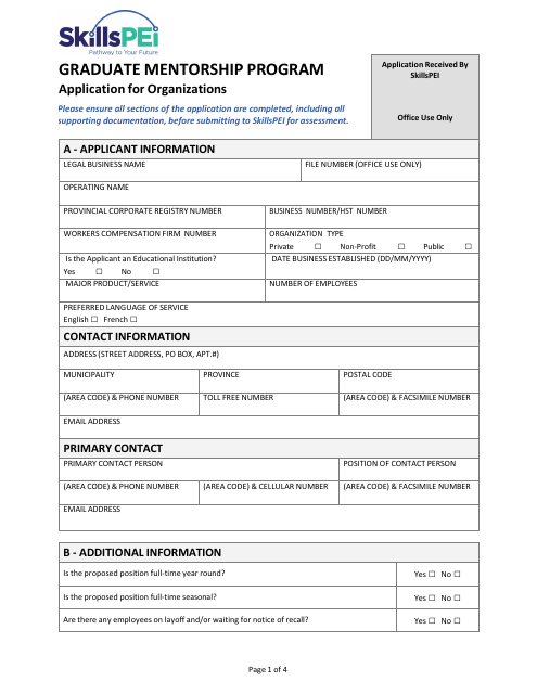 Application for Organizations - Graduate Mentorship Program - Prince Edward Island, Canada Download Pdf