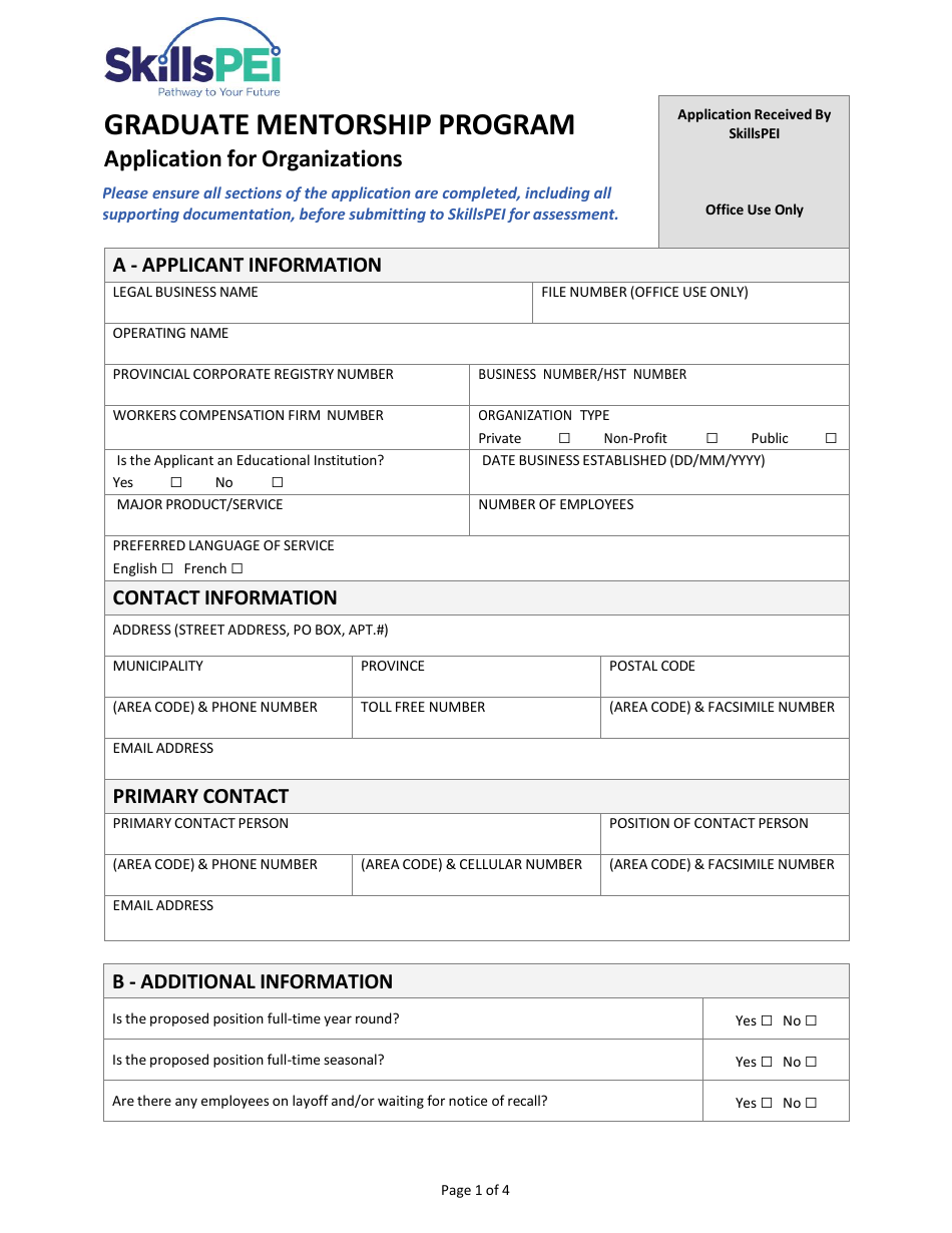 Application for Organizations - Graduate Mentorship Program - Prince Edward Island, Canada, Page 1