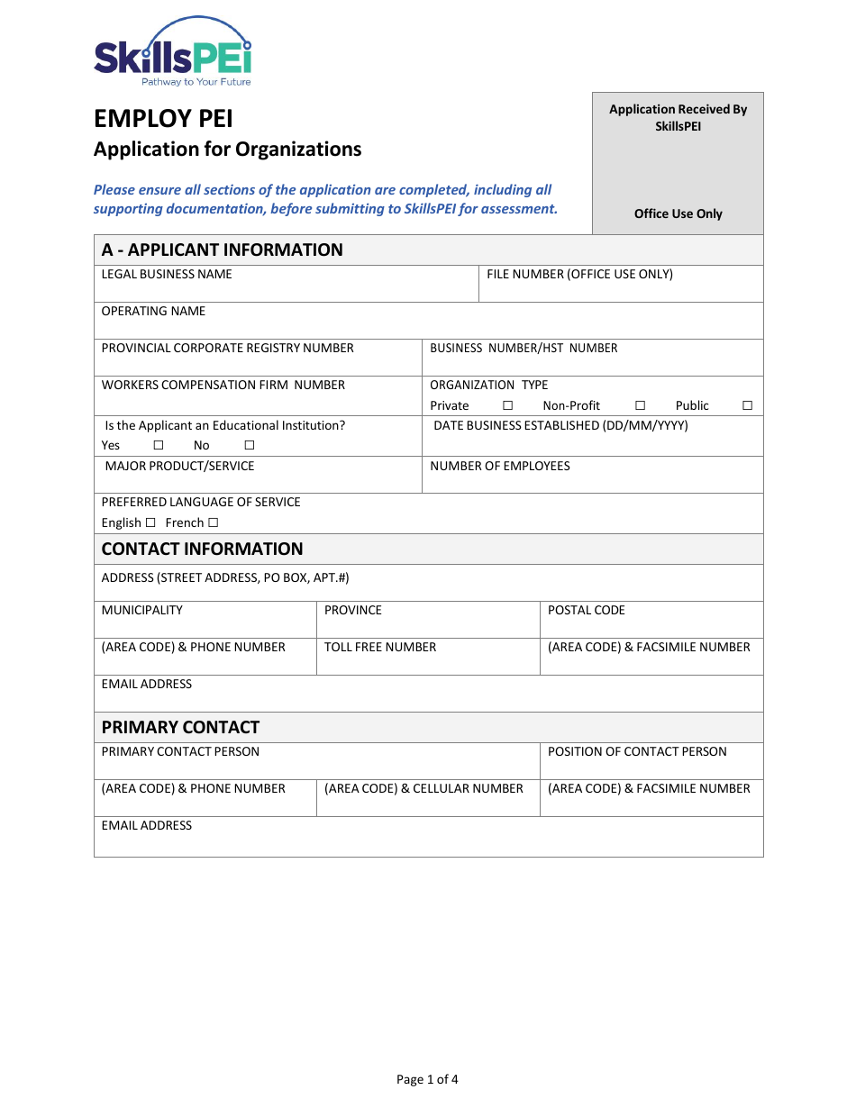 Employ Pei Application for Organizations - Prince Edward Island, Canada, Page 1