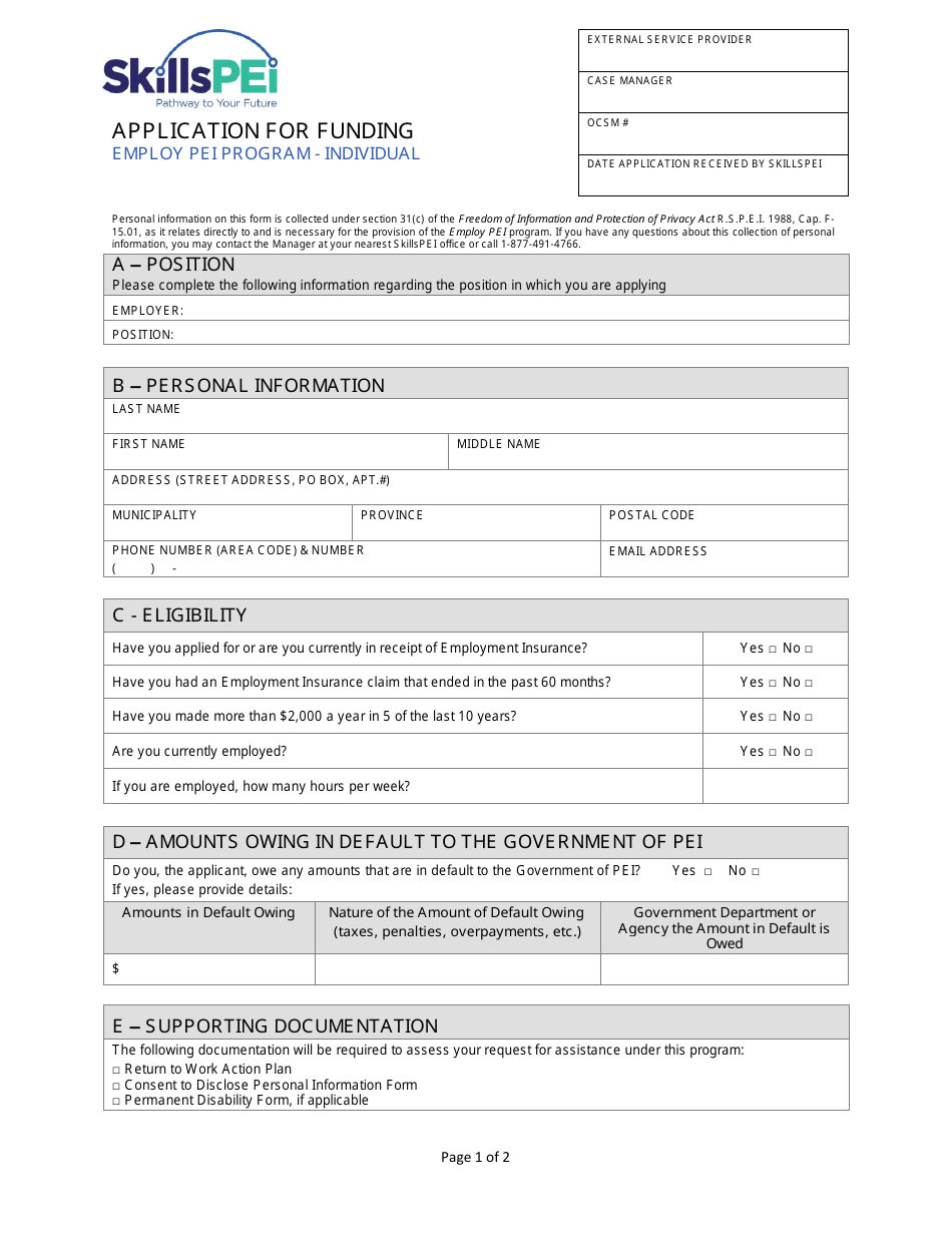 Prince Edward Island Canada Application for Funding - Employ Pei