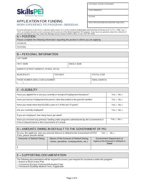 Application for Funding - Work Experience Pei Program - Individual - Prince Edward Island, Canada