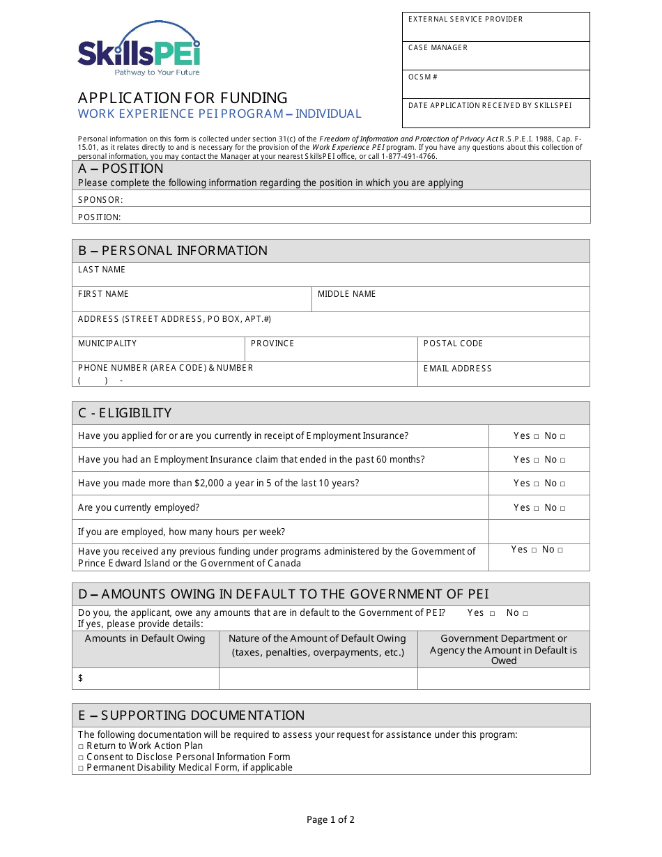 Application for Funding - Work Experience Pei Program - Individual - Prince Edward Island, Canada, Page 1