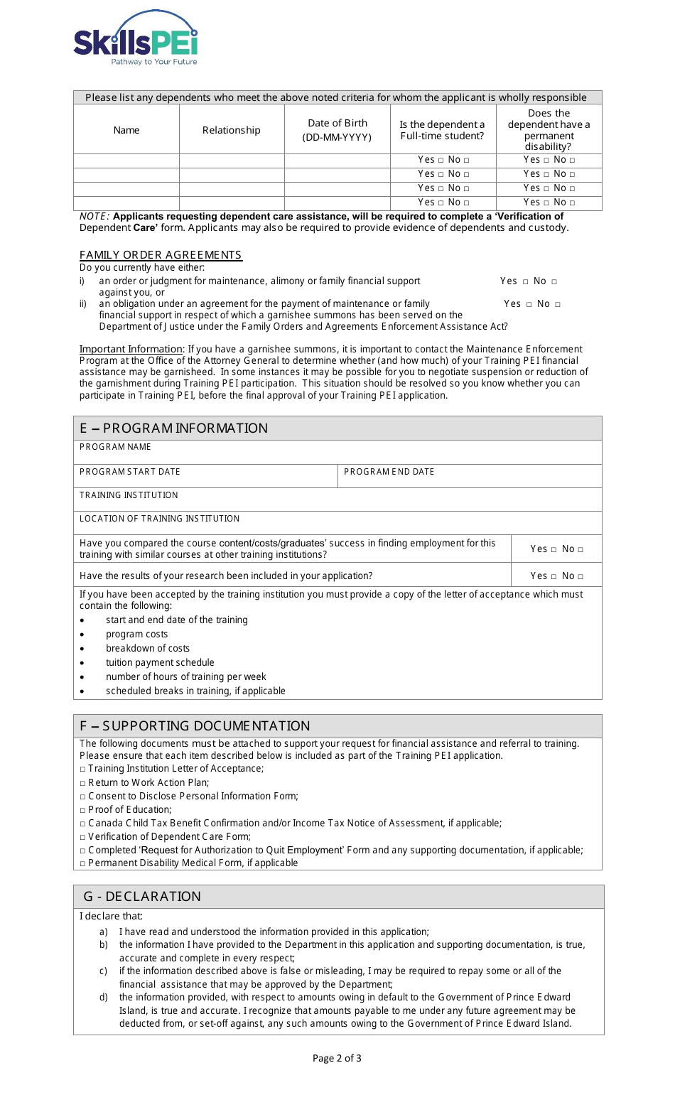 Application for Funding - Training Pei Program - Healthcare Priorities Pilot - Prince Edward Island, Canada, Page 2