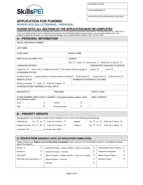Application for Funding - Workplace Skills Training - Individual - Prince Edward Island, Canada Download Pdf