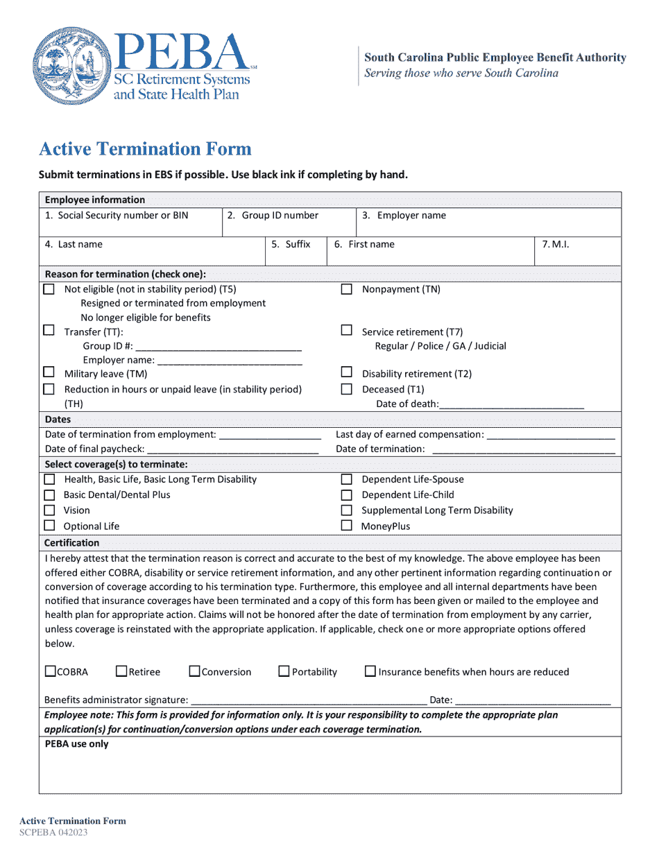 Active Termination Form - South Carolina, Page 1