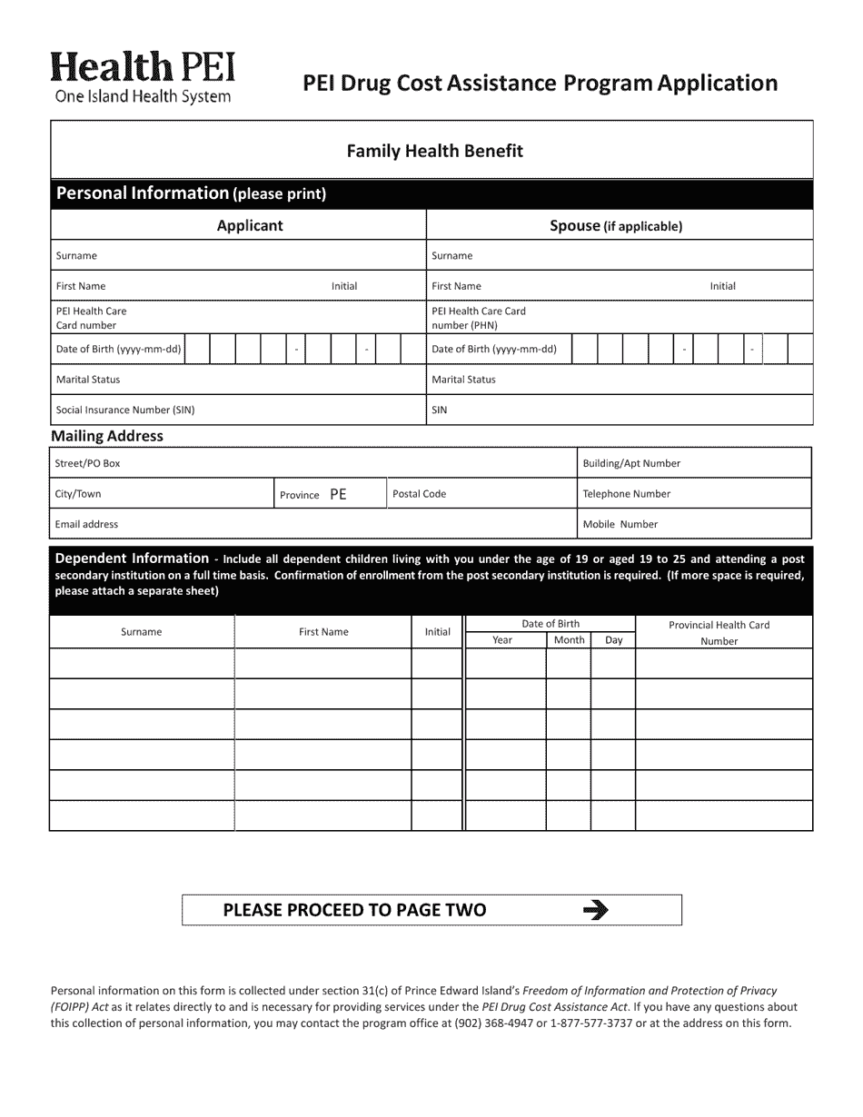 Pei Drug Cost Assistance Program Application - Family Health Benefit - Prince Edward Island, Canada, Page 1
