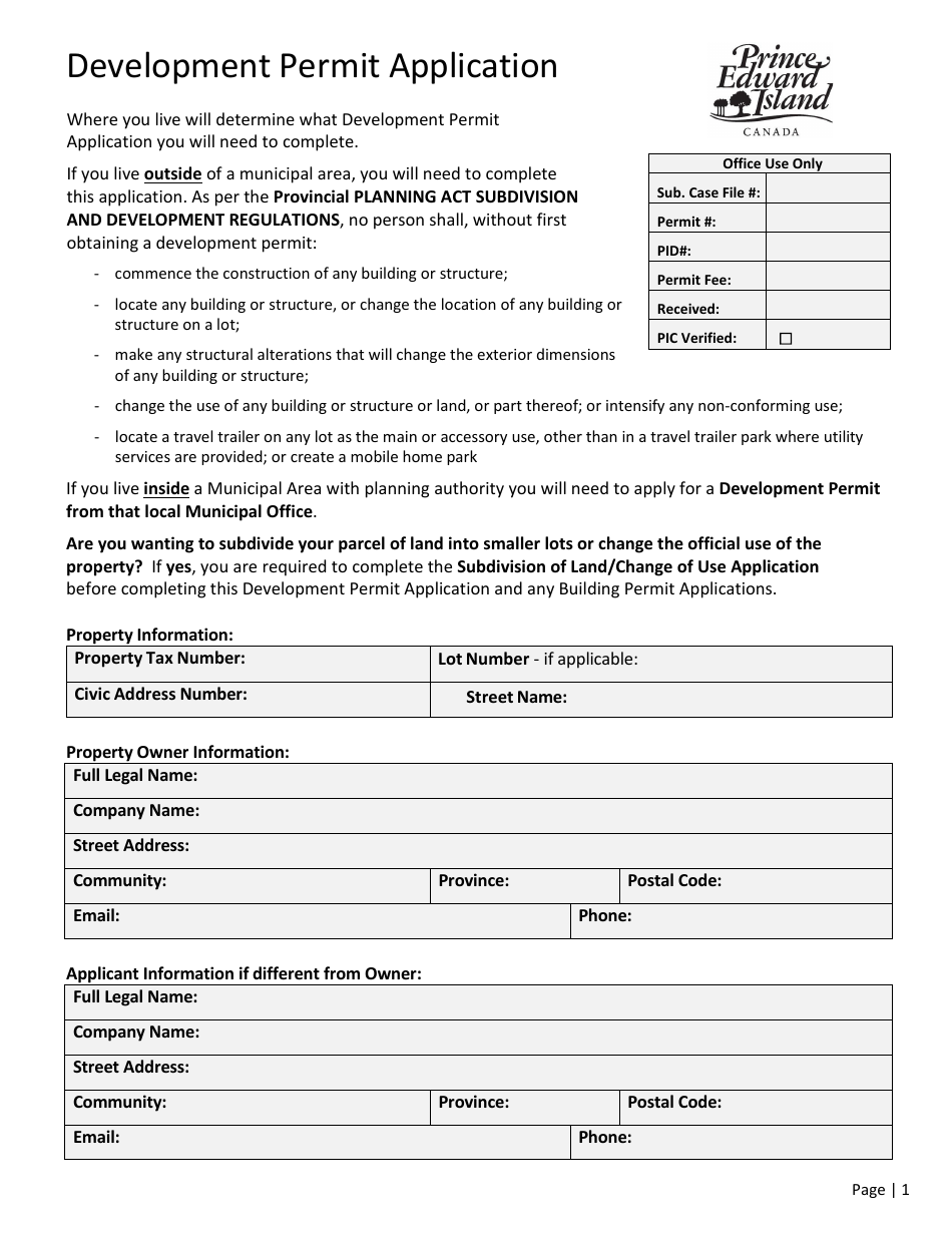 Development Permit Application - Prince Edward Island, Canada, Page 1
