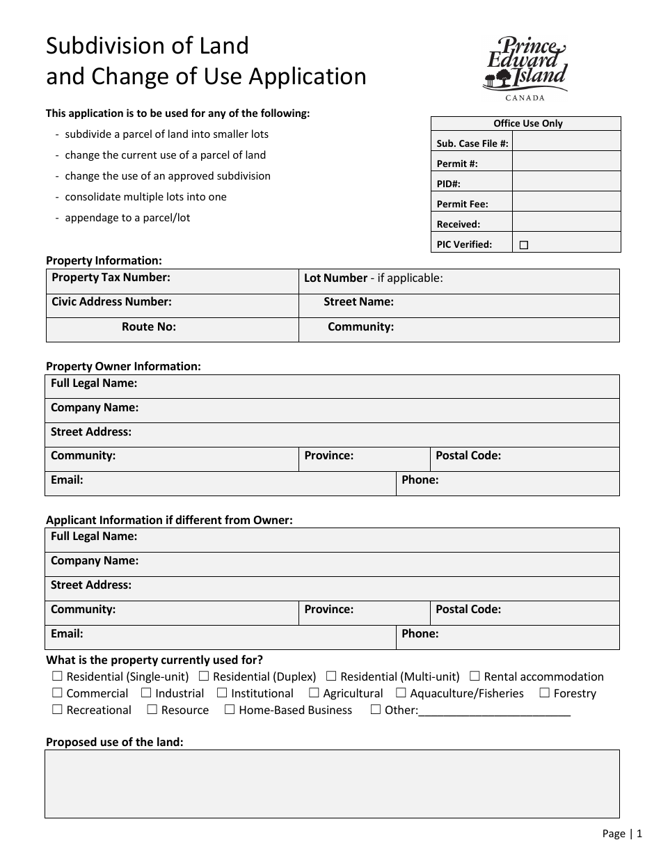 Subdivision of Land and Change of Use Application - Prince Edward Island, Canada, Page 1