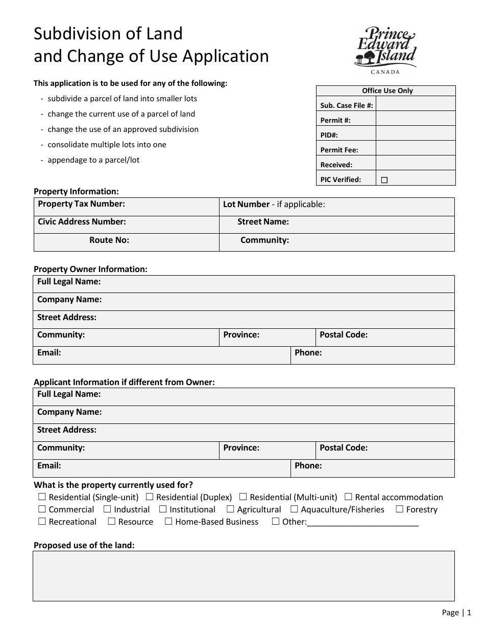 Prince edward island canada subdivision of land and change of use