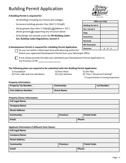 Building Permit Application - Prince Edward Island, Canada Download Pdf